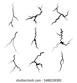 hand drawn cracked glass, wall, ground. lightning storm effect. doodle break set. vector illustration