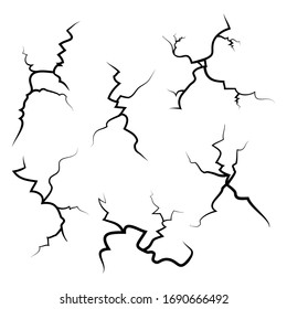 hand drawn cracked glass, wall, ground. lightning storm effect. doodle break set. vector illustration