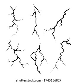 hand drawn cracked glass, wall, ground. lightning storm effect. doodle break set. vector illustration