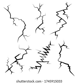 hand drawn cracked glass, wall, ground. lightning storm effect. doodle break set. vector illustration