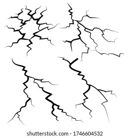 hand drawn cracked glass, wall, ground. lightning storm effect. doodle break set. vector illustration