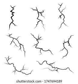 hand drawn cracked glass, wall, ground. lightning storm effect. doodle break set. vector illustration