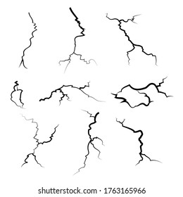 hand drawn cracked glass, wall, ground. lightning storm effect. doodle break set. vector illustration