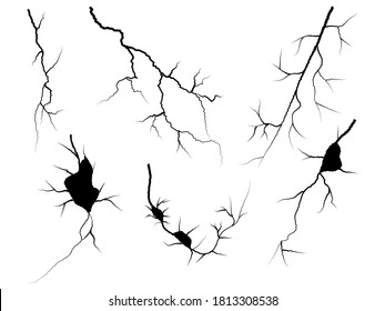 hand drawn cracked glass, wall, ground. lightning storm effect. doodle break set. vector illustration
