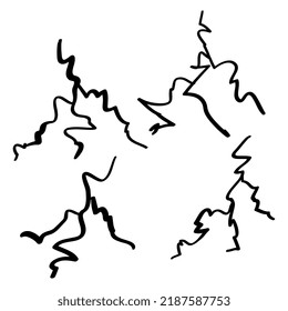 hand drawn cracked glass, wall, ground. lightning storm effect. in cartoon doodle style vector illustration
