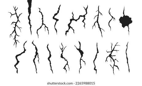 Hand drawn cracked glass, wall, ground. lightning storm effect. doodle break set. vector illustration.