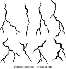 Hand drawn cracked glass wall ground lightning storm effect doodle break set