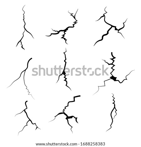 hand drawn cracked glass, wall, ground. lightning storm effect. doodle break set. vector illustration