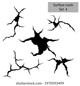 Hand drawn cracked surface set. Hole crack, cracked craquelure, damaged wall texture, earth destruction cracks.