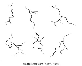 hand drawn cracked wall, ground, glass, egg. doodle break set. vector illustration