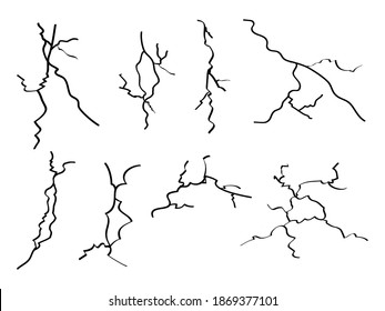 hand drawn cracked wall, ground, glass, egg. doodle break set. vector illustration
