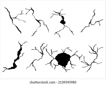 hand drawn cracked wall, ground, glass, egg. doodle break set. vector illustration