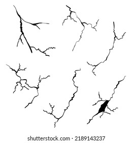 hand drawn cracked wall, ground, glass, egg. doodle break set. vector illustration