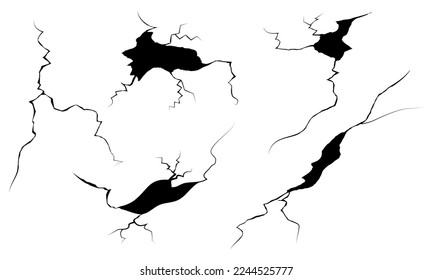 Hand drawn cracked wall, ground, glass, egg. doodle break set. isolated on white background. vector illustration