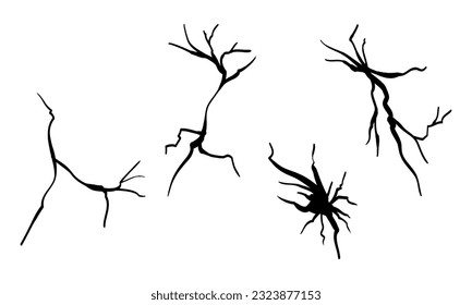 Hand drawn cracked wall, ground, glass, egg. doodle break set. vector illustration