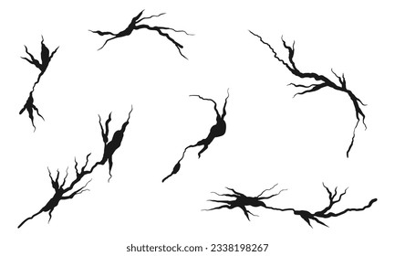 Hand drawn cracked wall, ground, glass, egg. doodle break set. vector illustration