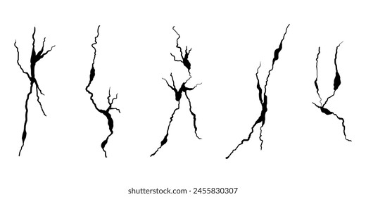 Hand drawn cracked wall, ground, glass, egg. doodle break set. vector illustration