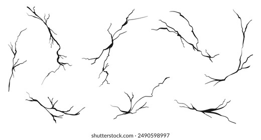 Hand drawn cracked wall, ground, glass, egg. doodle break set. vector illustration