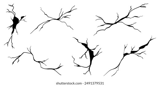 Hand drawn cracked wall, ground, glass, egg. doodle break set. vector illustration