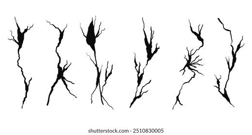 Hand drawn cracked wall, ground, glass, egg. doodle break set. vector illustration