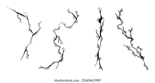 Hand drawn cracked wall, ground, glass, egg. doodle break set. vector illustration