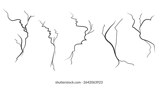 Hand drawn cracked wall, ground, glass, egg. doodle break set. vector illustration