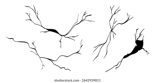 Hand drawn cracked wall, ground, glass, egg. doodle break set. vector illustration