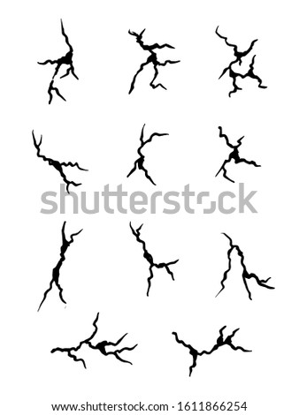 hand drawn cracked wall, ground, glass, egg. doodle break set. vector illustration