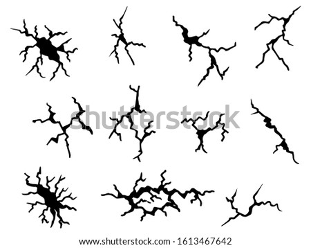 hand drawn cracked wall, ground, glass, egg. doodle break set. vector illustration