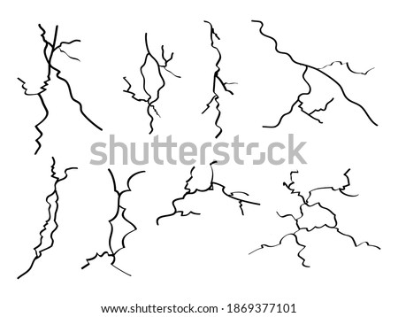 hand drawn cracked wall, ground, glass, egg. doodle break set. vector illustration