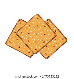 Hand drawn crackers with sesame seeds. Buscuit sketch vector illustration.