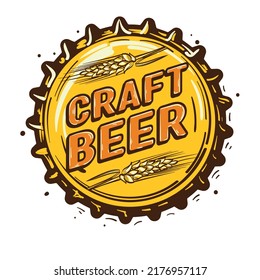 Hand drawn craft beer brewery emblem on bottle cap