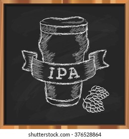 Hand Drawn Craft Beer Label. Vector Glass Of India Pale Ale (IPA) And Hops On A Black Chalkboard Background.