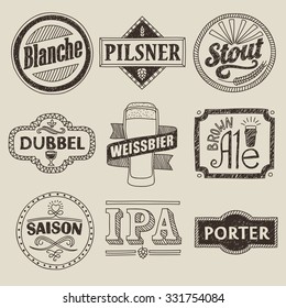 Hand drawn craft beer labels. Vector illustration of various craft beer styles. Pilsner, stout, porter, brown ale, blanche, belgian dubbel, saison, IPA and weissbier.