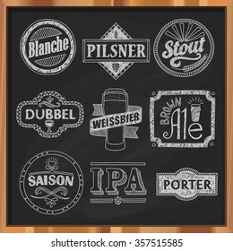 Hand drawn craft beer labels. Vector illustration of various craft beer styles. Pilsner, stout, porter, brown ale, blanche, belgian dubbel, saison, IPA and weissbier. Vintage emblems on a board.