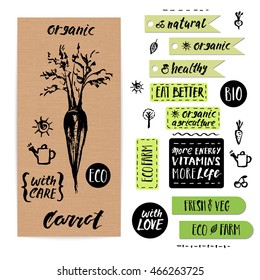 Hand drawn craft paper vegetable label with lettering. Eco, bio, organic farm carrot.
