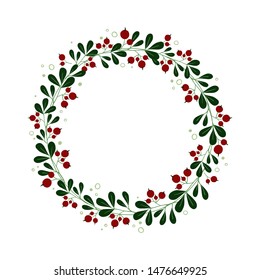 Hand drawn cranberry wreath. Illustration of red and green flowers. Good for save the date cards, Wedding invitations and Thank You cards.