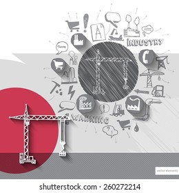 Hand drawn crane icons with icons background. Vector illustration