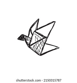Hand drawn crane origami sketch style, vector illustration isolated on white background. Monochrome black lines, design element, doodle. Origami bird, contour