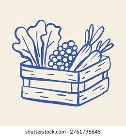 Hand drawn crate with fresh farm vegetables in naive doodle style. Outline organic harvest illustration for packaging, market design and eco branding.