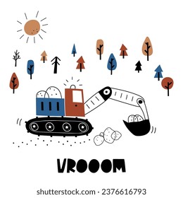 Hand drawn crawler bulldozer  in cartoon style. Vector illustration with cute car for fabric, textile, postcard, apparel or kids room design, bag, cup or print. Premade card in Scandinavian style. 