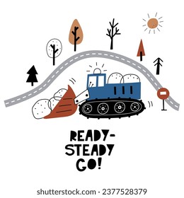 Hand drawn crawler bulldozer  in cartoon style. Vector illustration with cute car for fabric, textile, postcard, apparel or kids room design, bag, cup or print. Premade card in Scandinavian style. 