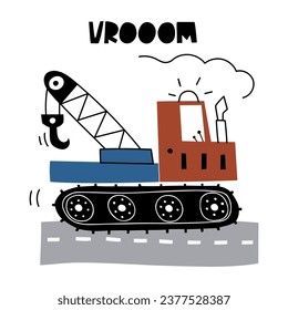 Hand drawn crawler crane in cartoon style. Vector illustration with cute car for fabric, textile, postcard, apparel or kids room design, bag, cup or print. Premade card in Scandinavian style. EPS 10