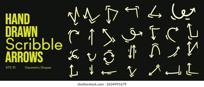 Handgezeichnete Kreide Pfeil Pinsel Set mit Spaß Kind Skizze Kreide Strokes Grunge Bleistift Texturen Doodle Lines Vektor handgezeichnete Pinsel Stroke für Präsentation und kreative Design-Projekte
