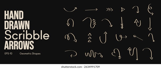 Hand Drawn Crayon Arrow Brush Set with Fun Kid Sketch Chalk Strokes Grunge Pencil Textures Doodle Lines Vector hand drawn brush stroke for presentation and Creative Design Projects