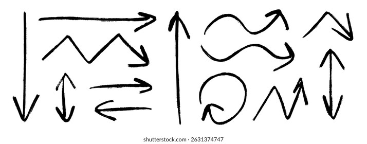 Hand drawn crayon arrow collection. Black curve, zig zag and straight doodle arrows set. Vector pastel pencil, chalk or marker brush stroke elements. Grunge charcoal sketch pointers or direction lines