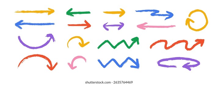 Hand drawn crayon arrow collection. Color curved, zig zag and straight doodle arrows set. Charcoal sketch pointers and direction lines. Vector pastel pencil, chalk or marker brush stroke elements
