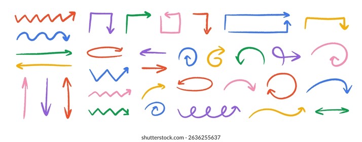 Hand drawn crayon arrow collection. Color curved, zig zag and wavy doodle arrows set. Charcoal sketch pointers and direction lines. Vector pastel pencil, chalk or marker brush stroke elements
