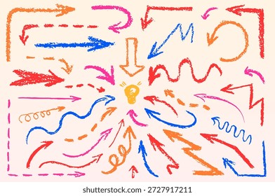 Hand drawn crayon arrow collection - chalk style lines with textured brush strokes. Vector sketchy directional pointers, curved paths, frames and lightbulb doodle for playful presentation design.