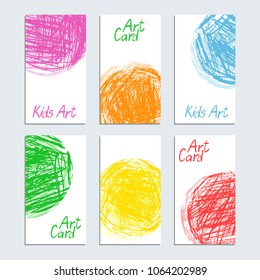 Hand drawn crayon art stroke template. Colorful like kid drawing card poster with pastel chalk or pencil grunge ravel knitting design texture. Vector doodle artistic sketch style background for text
